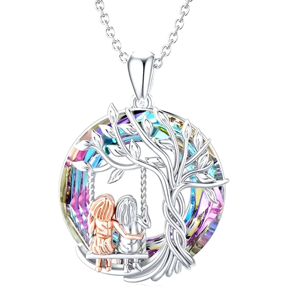 New Silver Tree Of Life Glass Rainbow Sisters Best Friends Pendant Necklace